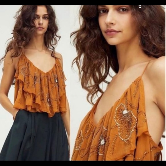 Free People Elsa gold beaded embellished tank top - Picture 1 of 5